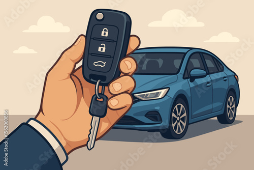 Hand holding new car key with a modern automobile in the background. Concept for car sales, dealership, rental, or purchase. Buying a vehicle, carsharing service. Vector illustration.