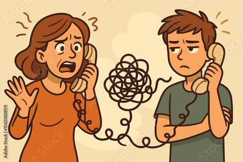 Communication breakdown concept. Frustrated mother talking to distant teenage son on phone. Family conflict, generation gap, misunderstanding, relationship problems metaphor.