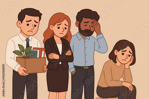 Group of sad, fired, diverse employees after being laid off. Unemployed office workers feeling depressed. Job loss, dismissal, economic crisis, unemployment concept. Vector cartoon.