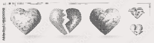 Abstract hearts with 2000 aesthetics and dadaism in raster style. 3d sweet set in style y2k brutalism pixel 