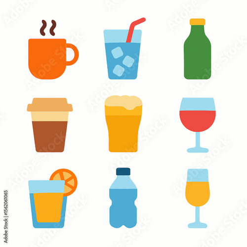 Colorful vector illustration showcases a variety of popular beverages in simple style