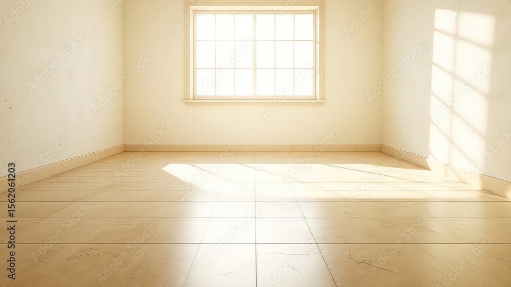 Fototapeta premium Sunlit Empty Interior Space with Tile Flooring, Neutral Walls and a Window Casting Light and Shadows