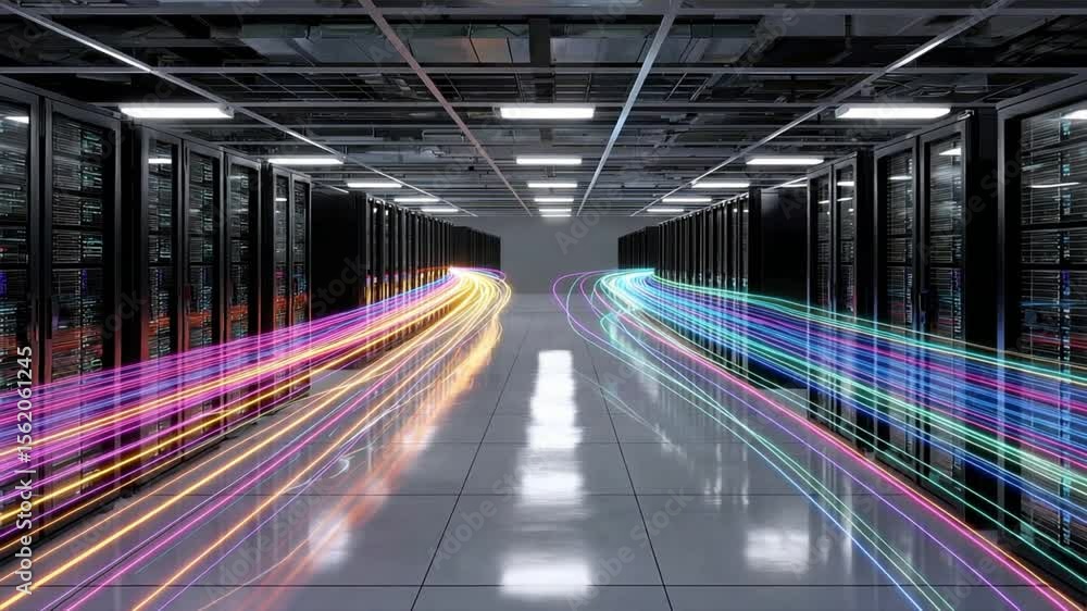 Advanced black server racks in a high tech data center, rows aligned in ...