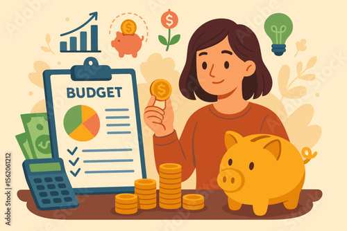 Woman planning personal finances, managing budget for savings and investment. Cartoon vector concept of economic stability, money growth, accounting with piggy bank and calculator.