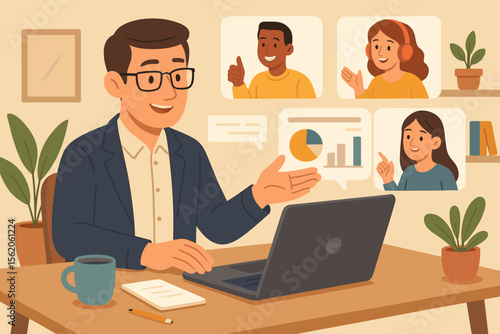 Manager leading remote team meeting in video conference. Diverse colleagues discuss business project presentation with charts. Virtual collaboration and work from home concept.