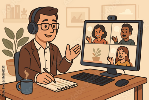 Manager leading an online team meeting via video conference. Remote work concept with people collaborating from home office. Business communication and project discussion. Vector illustration.