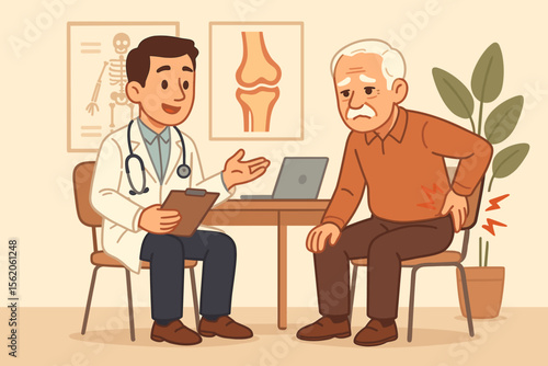 Orthopedic doctor consulting senior patient with back pain. Elderly man suffering from backache visiting rheumatologist in clinic. Geriatric healthcare medical examination concept.
