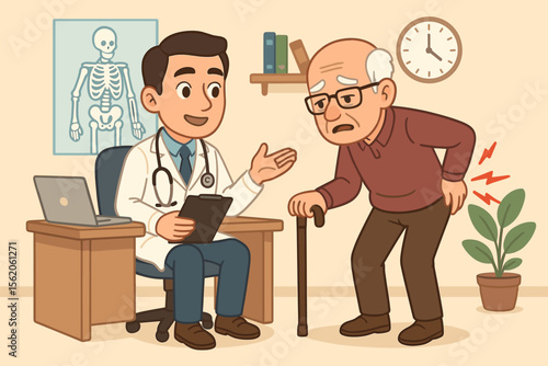 Orthopedic doctor consulting senior patient with back pain. Elderly man with cane suffering from lumbar ache, sciatica during medical examination. Cartoon vector illustration.
