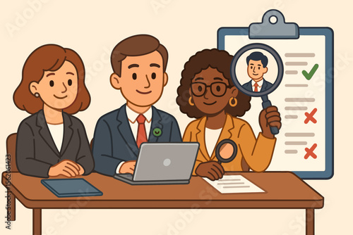 Hiring committee concept with HR managers interviewing and selecting a job candidate. Recruitment agency team evaluating a resume with a magnifying glass and checklist. Employment.