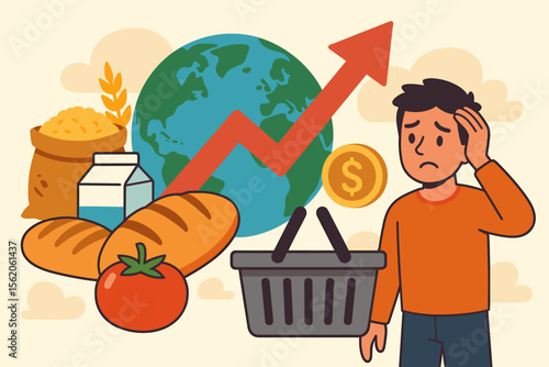 Global food crisis and inflation concept. Worried man with shopping basket struggling with high cost of living. Rising commodity prices and economic recession cartoon illustration.