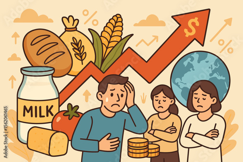 Inflation concept showing rising food prices and cost of living. Worried people stressed by expensive groceries. Global economic crisis, poverty, and financial hardship concept.