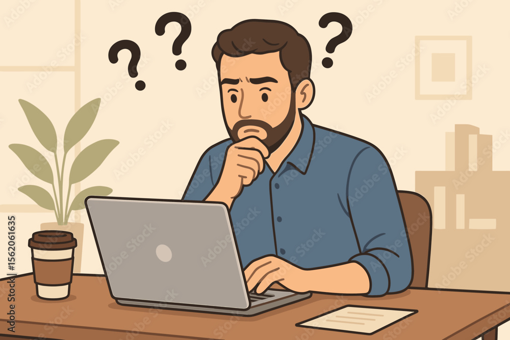 Thoughtful man working on laptop with question marks. Confused employee or freelancer feeling puzzled and stressed at his desk. Businessman facing a complex problem or challenge. Thoughtful man working on laptop with question marks. Confused employee or freelancer feeling puzzled and stressed at his desk. Businessman facing a complex problem or challenge.