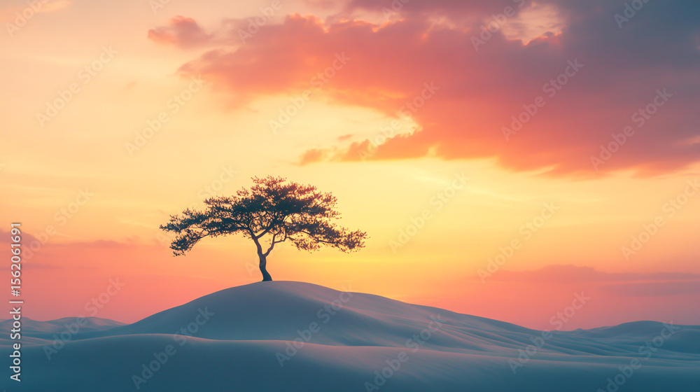 Solitary Tree Standing on a Cloud-Covered Mountaintop During a Stunning Sunset, with Dramatic Sky and Warm Lighting. Solitary Tree Standing on a Cloud-Covered Mountaintop During a Stunning Sunset, with Dramatic Sky and Warm Lighting.