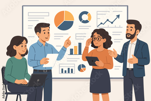 Business team in a meeting presenting a report. Data analysts discussing business metrics, statistics, and KPIs on a whiteboard with charts and graphs. Concept of collaboration. Vector