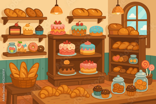 Cozy bakery shop interior with fresh bread, cakes, and pastries on display shelves. Patisserie counter with assorted sweets like donuts, croissants, and cupcakes. Cartoon food vector illustration.