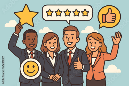 Customer satisfaction concept with happy business team. Five star rating and positive feedback for excellent service. Client review, quality work, and best performance success.