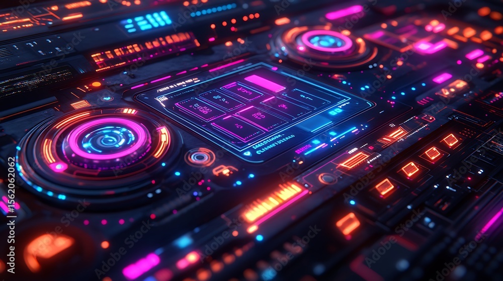Futuristic DJ console with neon lights. Futuristic DJ console with neon lights.