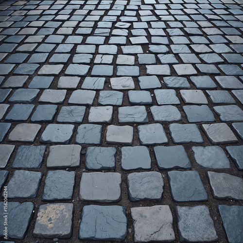 Dark gray cobblestone pavement with evening shadows creating dramatic texture