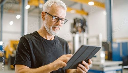 Confident senior engineer using tablet in modern factory environment showcasing smart manufacturing digital transformation quality control and industry 4.0 technology solutions