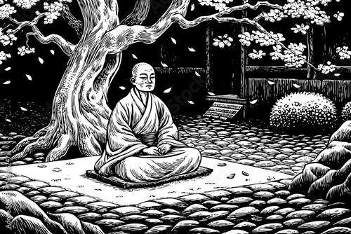 scene of a meditating monk under a bonsai tree, surrounded by falling cherry blossoms, drawn with simple black ink lines a black and white line art illustration