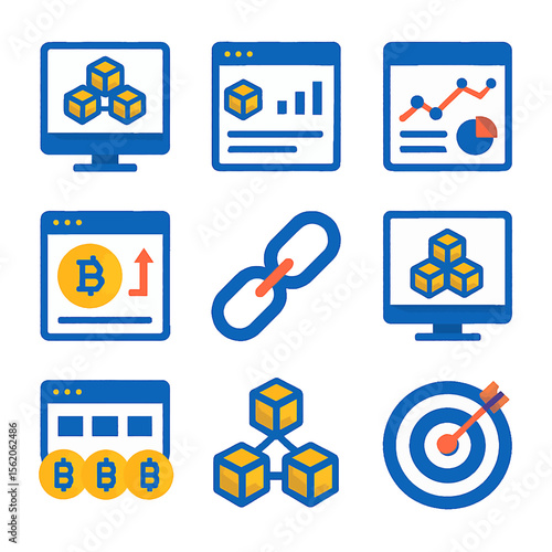 Cryptocurrency network concept with blockchain technology and bitcoin growth analysis icons