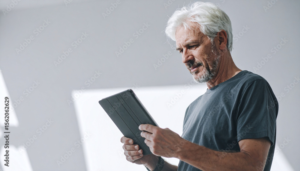 Senior technician using tablet against white background representing modern technology smart industry innovation digital skills professional engineering and industrial workflow management Senior technician using tablet against white background representing modern technology smart industry innovation digital skills professional engineering and industrial workflow management