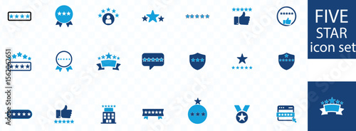 Five star icon set. satisfaction, review, rating, premium, quality, 5 star, feedback, excellence and more
