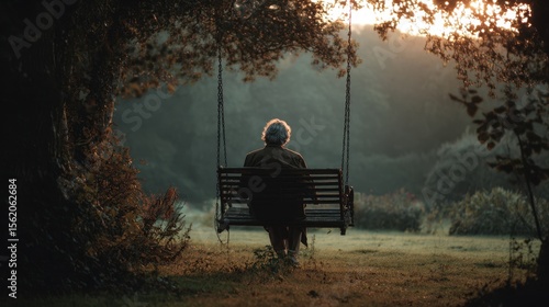 A solitary figure enjoys a peaceful moment on a swing, immersed in the serenity of nature's embrace during golden hour.