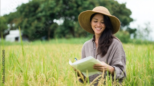 Woman in Straw Hat Examining Documents in Rice Field