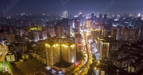 Stunning aerial timelapse of the bustling CBD business area in Nanan District Chongqing at night