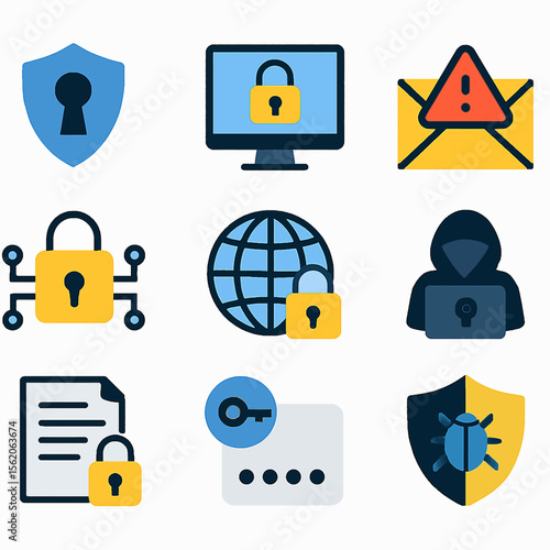 Cyber security icons set depicting digital protection and data privacy measures