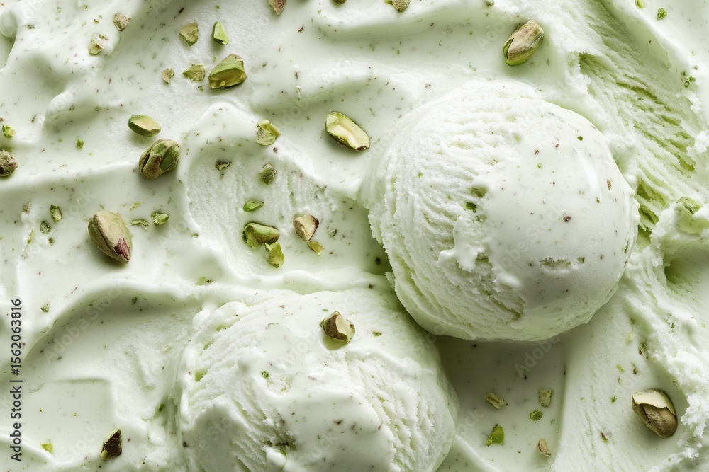 Obraz premium A creamy, pastel green pistachio ice cream with smooth swirls and crunchy pistachio nut pieces, captured in a delicious close-up.