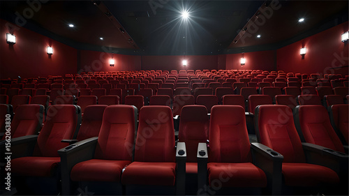  Empty generic movie theater with red symmetrical seats and soft ambient lightin