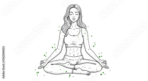 Line art of woman meditating in lotus pose for mindfulness and wellness content