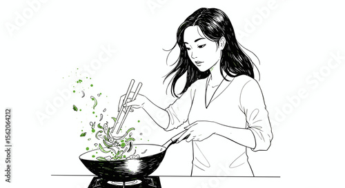 Minimal line art of woman cooking stir fry with chopsticks for healthy lifestyle and mindfulness blogs