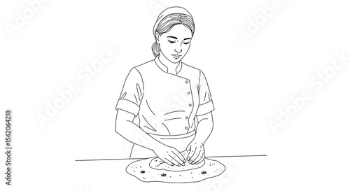 Minimal line art of woman kneading dough for mindful cooking and lifestyle blogs