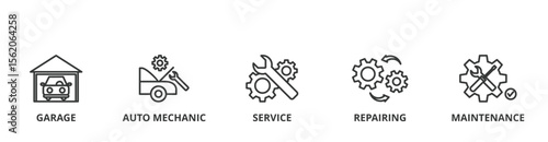 Car servicing banner vector illustration concept with icon of garage, auto mechanic, service, repairing and maintenance