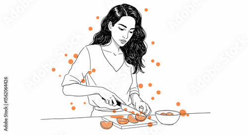 Minimal line art of woman slicing oranges for healthy eating blogs and lifestyle magazines

