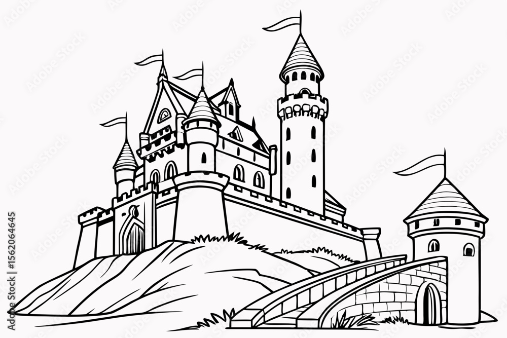 Fototapeta premium coloring page, a magnificent fantasy kingdom castle on a hill, with tall towers, flags, and a drawbridge, detailed architectural line art, wide angle view, black and white illustration, white backgro