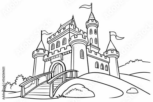 coloring page, a magnificent fantasy kingdom castle on a hill, with tall towers, flags, and a drawbridge, detailed architectural line art, wide angle view, black and white illustration, white backgro