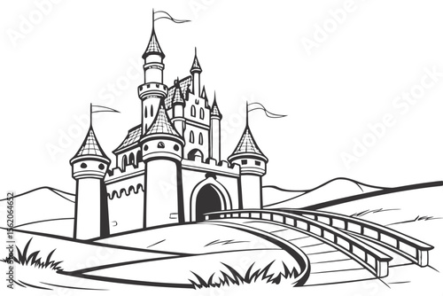 coloring page, a magnificent fantasy kingdom castle on a hill, with tall towers, flags, and a drawbridge, detailed architectural line art, wide angle view, black and white illustration, white backgro