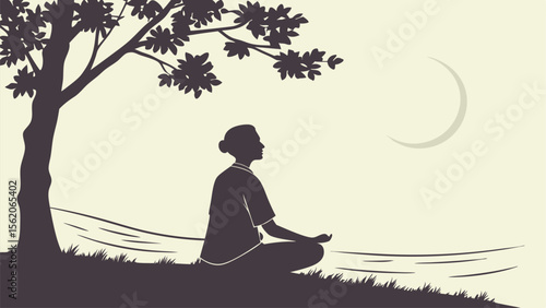 Silhouette of a woman meditating under a tree with a crescent moon in the background at night time