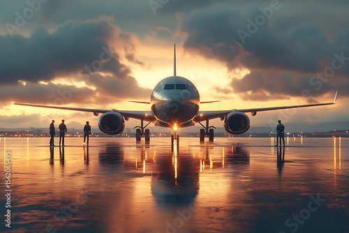 Commercial jet airplane on runway at sunset with airline personnel silhouetted