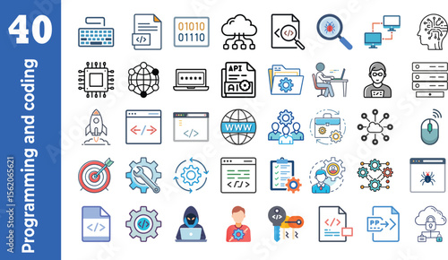 Programming and coding icon set. Software development icon collection. Contains such Icons as code, api, programmer, developer, information technology, coder and more