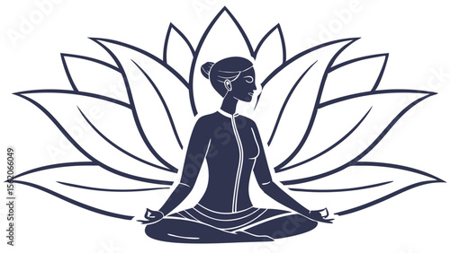 Woman meditating in lotus position in front of a large lotus flower in a simple line drawing style