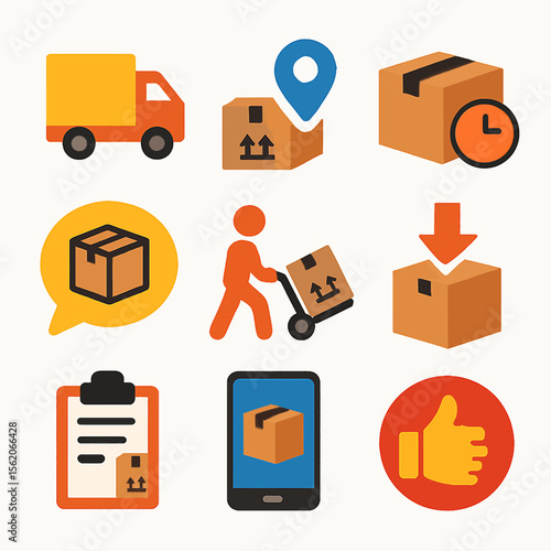 Delivery and logistics icons featuring truck, package tracking, shipping and dispatch
