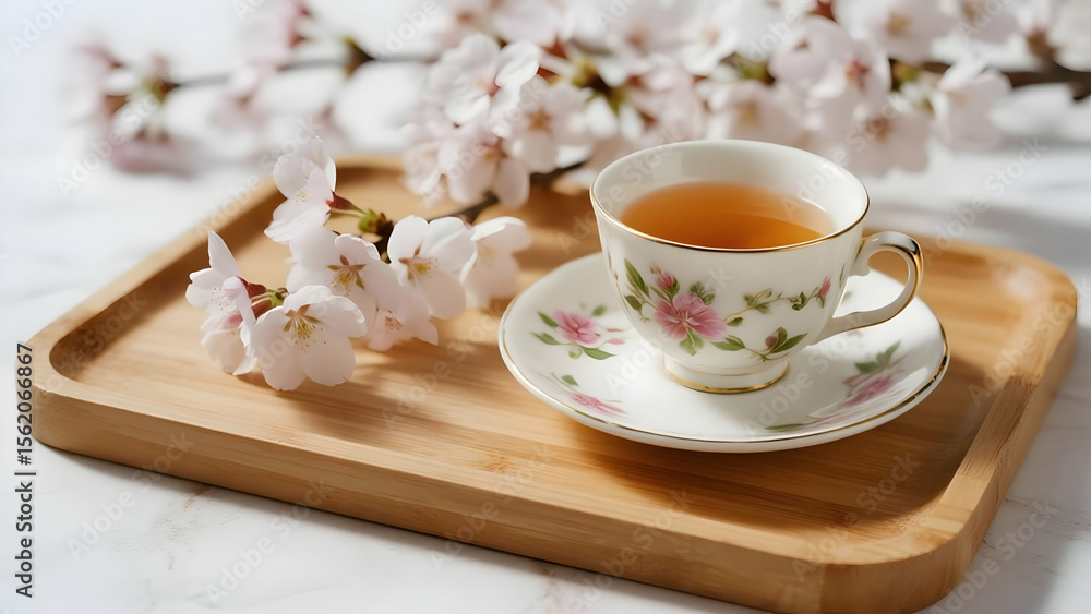 Fototapeta premium Cherry Blossom Tea Moment on Wooden Tray
