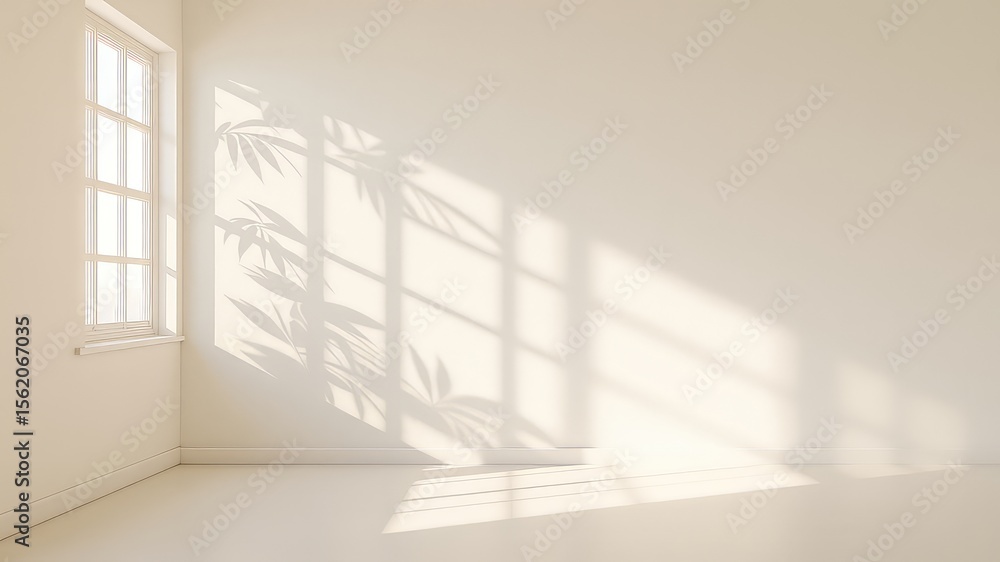 Obraz premium Minimalist empty interior space with sunlight casting leaf shadow patterns through a window onto a simple wall