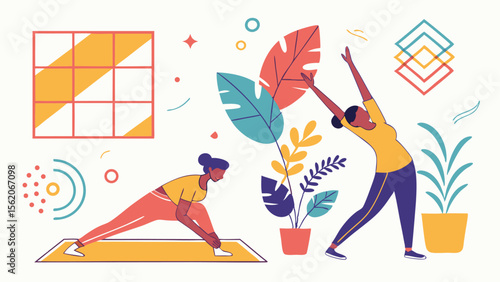 Two women doing yoga poses with plants and geometric shapes in a colorful and modern style art