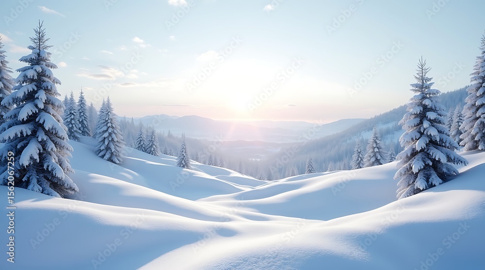 Fototapeta premium A hyper realistic image captures a breathtaking snowy landscape, emphasizing the delicate sparkle of individual snowflakes and the serene beauty of the untouched wilderness.